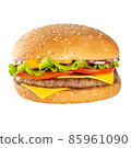 Appetizing burger with beef cutlet. Isolated on white background. 85961090