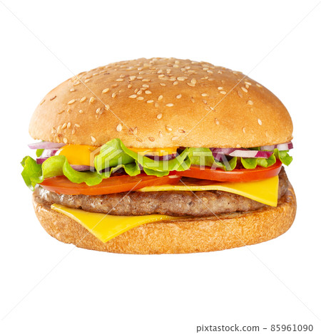 Appetizing burger with beef cutlet. Isolated on white background. 85961090