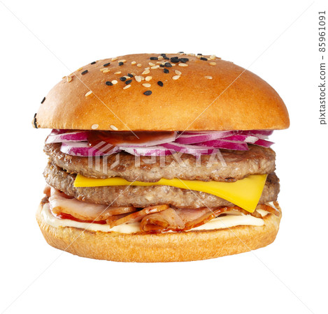 Appetizing burger with beef cutlet. Isolated on white background. 85961091