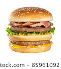 Appetizing burger with beef cutlet. Isolated on white background. 85961092