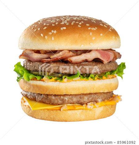 Appetizing burger with beef cutlet. Isolated on white background. 85961092
