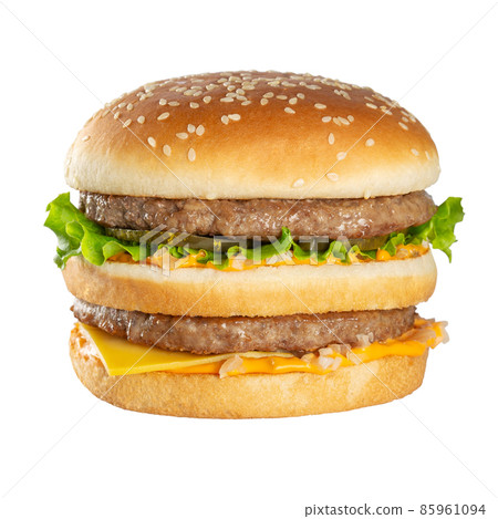 Appetizing burger with beef cutlet. Isolated on white background. 85961094