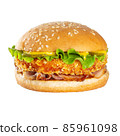 Appetizing burger with beef cutlet. Isolated on white background. 85961098
