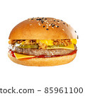 Appetizing burger with beef cutlet. Isolated on white background. 85961100