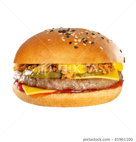 Appetizing burger with beef cutlet. Isolated on white background. Appetizing burger with beef cutlet. Isolated on white background. 85961100