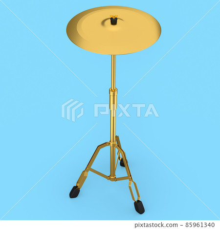 Metal cymbal on a stand on blue background. 3d render concept of musical percussion instrument, drum machine. Metal cymbal on a stand on blue background. 3d render concept of musical percussion instrument, drum machine. 85961340