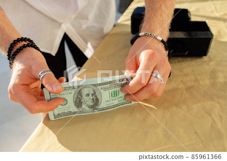young man counts cash dollars. young man counts cash dollars. 85961366