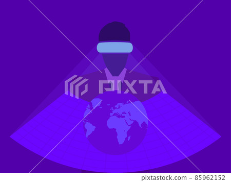 Man wearing virtual reality glasses in the metaverse. Entering the virtual space in the headset. VR technology. Hand control of virtual reality. Purple colors. Vector illustration 85962152