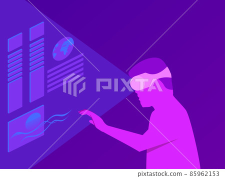 Man wearing virtual reality glasses in the metaverse. Entering the virtual space in the headset. VR technology. Hand control of virtual reality. Purple colors. Vector illustration Man wearing virtual reality glasses in the metaverse. Entering the virtual space in the headset. VR technology. Hand control of virtual reality. Purple colors. Vector illustration 85962153