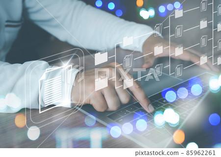 IT consultant or Programmer online laptop business processes virtual document management system (DMS) progress planning in office or work from home. Manage corporate files with technology concept. 85962261