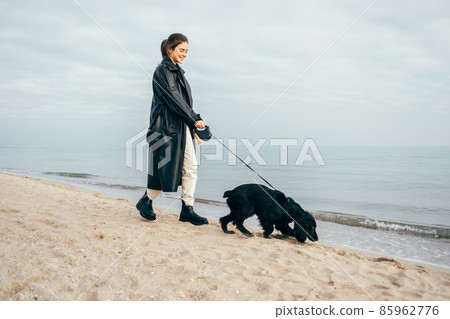 Happy young woman walking with her dog 85962776