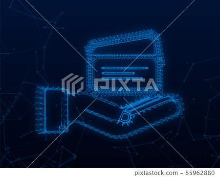 Plexus blue show ticket hanging over hands. Old premium cinema entrance tickets. Vector stock illustration 85962880