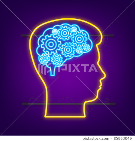 Abstract icon with silhouette man head gears on light background. Neon. Mental health concept. Business concept. Isolated vector. Abstract icon with silhouette man head gears on light background. Neon. Mental health concept. Business concept. Isolated vector. 85963049