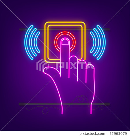 Hand push the bell neon button at the front door. Flat button. Flat vector illustration. Home entrance. 85963079