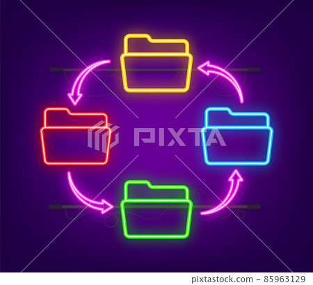 Neon icon with file exchange. Flat digital vector illustration. Cloud storage icon. Data storage. Neon icon with file exchange. Flat digital vector illustration. Cloud storage icon. Data storage. 85963129