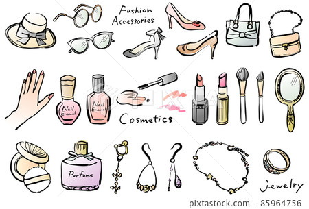 Fashionable item illustration set line drawing hand-painted color 85964756