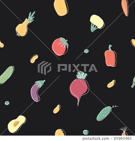 Vegetables seamless pattern. Vegetarian healthy bio food background, Vegan organic eco products pepper, tomato, cucumber, carrot, potato, avocado, beans and peas. Vector illustration Vegetables seamless pattern. Vegetarian healthy bio food background, Vegan organic eco products pepper, tomato, cucumber, carrot, potato, avocado, beans and peas. Vector illustration 85965465
