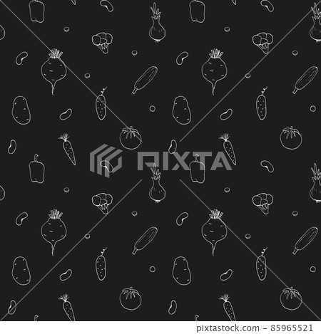 Vegetables seamless pattern. Vegetarian healthy bio food background, Vegan organic eco products pepper, tomato, cucumber, carrot, potato, avocado, beans and peas. Vector illustration Vegetables seamless pattern. Vegetarian healthy bio food background, Vegan organic eco products pepper, tomato, cucumber, carrot, potato, avocado, beans and peas. Vector illustration 85965521