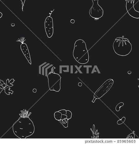 Vegetables seamless pattern. Vegetarian healthy bio food background, Vegan organic eco products pepper, tomato, cucumber, carrot, potato, avocado, beans and peas. Vector illustration Vegetables seamless pattern. Vegetarian healthy bio food background, Vegan organic eco products pepper, tomato, cucumber, carrot, potato, avocado, beans and peas. Vector illustration 85965603