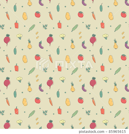 Vegetables seamless pattern. Vegetarian healthy bio food background, Vegan organic eco products pepper, tomato, cucumber, carrot, potato, avocado, beans and peas. Vector illustration Vegetables seamless pattern. Vegetarian healthy bio food background, Vegan organic eco products pepper, tomato, cucumber, carrot, potato, avocado, beans and peas. Vector illustration 85965615