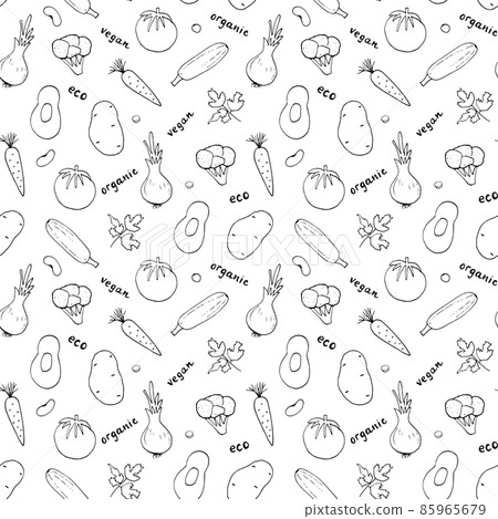 Vegetables seamless pattern. Vegetarian healthy bio food background, Vegan organic eco products pepper, tomato, cucumber, carrot, potato, avocado, beans and peas. Vector illustration Vegetables seamless pattern. Vegetarian healthy bio food background, Vegan organic eco products pepper, tomato, cucumber, carrot, potato, avocado, beans and peas. Vector illustration 85965679