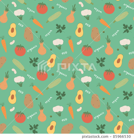 Vegetables seamless pattern. Vegetarian healthy bio food background, Vegan organic eco products pepper, tomato, cucumber, carrot, potato, avocado, beans and peas. Vector illustration 85966530