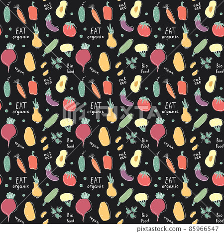 Vegetables seamless pattern. Vegetarian healthy bio food background, Vegan organic eco products pepper, tomato, cucumber, carrot, potato, avocado, beans and peas. Vector illustration Vegetables seamless pattern. Vegetarian healthy bio food background, Vegan organic eco products pepper, tomato, cucumber, carrot, potato, avocado, beans and peas. Vector illustration 85966547