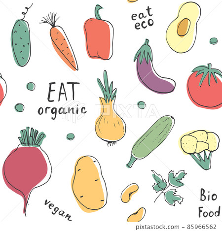 Vegetables seamless pattern. Vegetarian healthy bio food background, Vegan organic eco products pepper, tomato, cucumber, carrot, potato, avocado, beans and peas. Vector illustration Vegetables seamless pattern. Vegetarian healthy bio food background, Vegan organic eco products pepper, tomato, cucumber, carrot, potato, avocado, beans and peas. Vector illustration 85966562