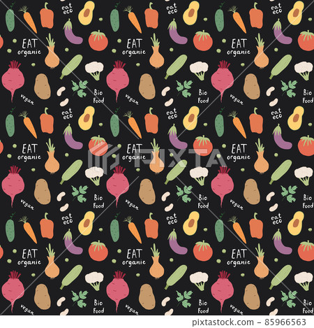 Vegetables seamless pattern. Vegetarian healthy bio food background, Vegan organic eco products pepper, tomato, cucumber, carrot, potato, avocado, beans and peas. Vector illustration Vegetables seamless pattern. Vegetarian healthy bio food background, Vegan organic eco products pepper, tomato, cucumber, carrot, potato, avocado, beans and peas. Vector illustration 85966563