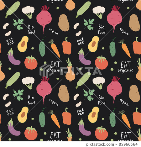 Vegetables seamless pattern. Vegetarian healthy bio food background, Vegan organic eco products pepper, tomato, cucumber, carrot, potato, avocado, beans and peas. Vector illustration Vegetables seamless pattern. Vegetarian healthy bio food background, Vegan organic eco products pepper, tomato, cucumber, carrot, potato, avocado, beans and peas. Vector illustration 85966564