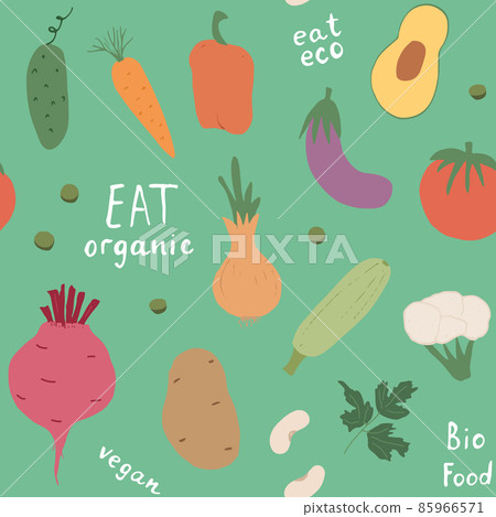 Vegetables seamless pattern. Vegetarian healthy bio food background, Vegan organic eco products pepper, tomato, cucumber, carrot, potato, avocado, beans and peas. Vector illustration 85966571