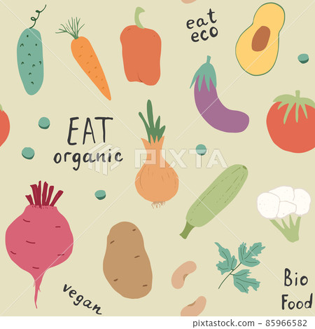 Vegetables seamless pattern. Vegetarian healthy bio food background, Vegan organic eco products pepper, tomato, cucumber, carrot, potato, avocado, beans and peas. Vector illustration Vegetables seamless pattern. Vegetarian healthy bio food background, Vegan organic eco products pepper, tomato, cucumber, carrot, potato, avocado, beans and peas. Vector illustration 85966582
