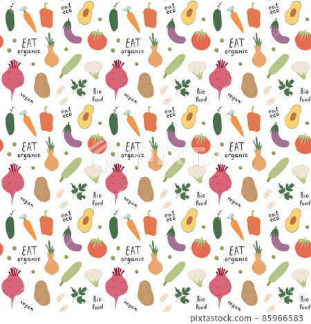 Vegetables seamless pattern. Vegetarian healthy bio food background, Vegan organic eco products pepper, tomato, cucumber, carrot, potato, avocado, beans and peas. Vector illustration Vegetables seamless pattern. Vegetarian healthy bio food background, Vegan organic eco products pepper, tomato, cucumber, carrot, potato, avocado, beans and peas. Vector illustration 85966583