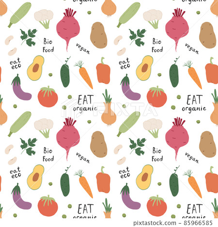 Vegetables seamless pattern. Vegetarian healthy bio food background, Vegan organic eco products pepper, tomato, cucumber, carrot, potato, avocado, beans and peas. Vector illustration Vegetables seamless pattern. Vegetarian healthy bio food background, Vegan organic eco products pepper, tomato, cucumber, carrot, potato, avocado, beans and peas. Vector illustration 85966585