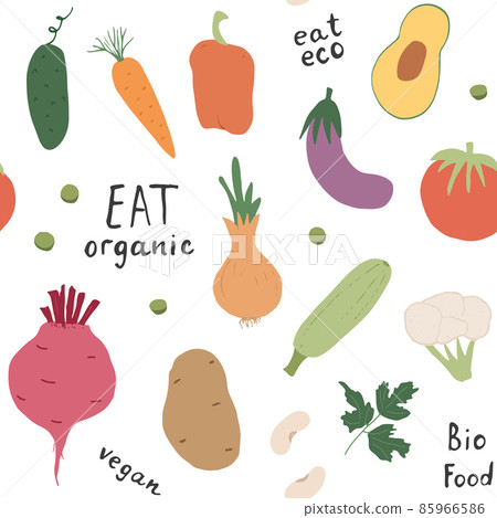 Vegetables seamless pattern. Vegetarian healthy bio food background, Vegan organic eco products pepper, tomato, cucumber, carrot, potato, avocado, beans and peas. Vector illustration Vegetables seamless pattern. Vegetarian healthy bio food background, Vegan organic eco products pepper, tomato, cucumber, carrot, potato, avocado, beans and peas. Vector illustration 85966586