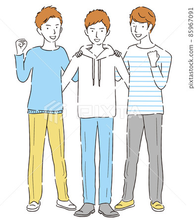 Handwritten line drawing color illustration 3 male students plain clothes guts pose Handwritten line drawing color illustration 3 male students plain clothes guts pose 85967091