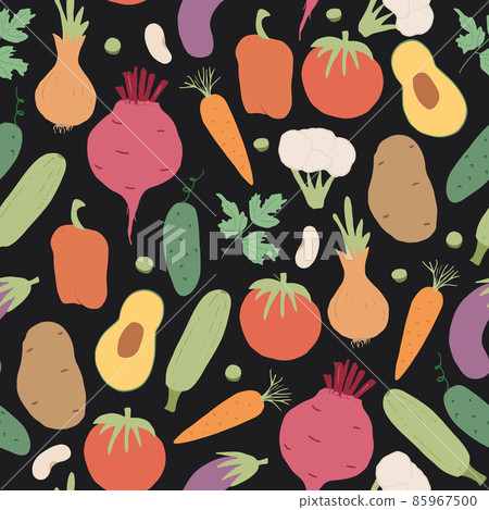 Vegetables seamless pattern. Vegetarian healthy bio food background, Vegan organic eco products pepper, tomato, cucumber, carrot, potato, avocado, beans and peas. Vector illustration 85967500