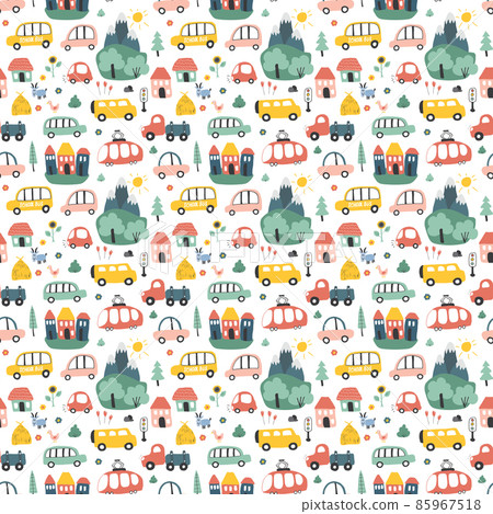 Cute Cars Seamless Pattern, Cartoon transportation Doodles Background, vector Illustration 85967518