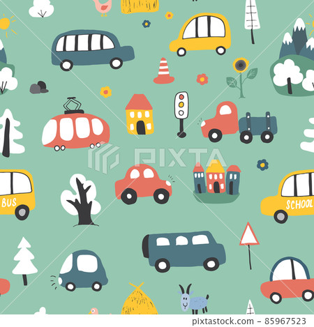 Cute Cars Seamless Pattern, Cartoon transportation Doodles Background, vector Illustration 85967523