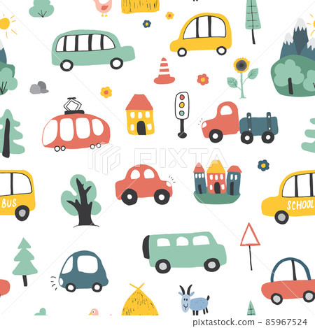 Cute Cars Seamless Pattern, Cartoon transportation Doodles Background, vector Illustration 85967524
