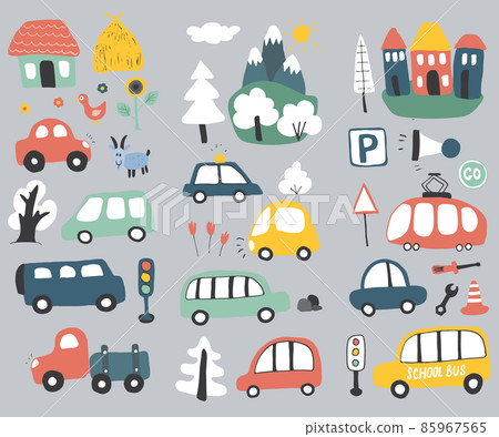 Cars Cartoon Set. Cute transport Doodles collection, vector illustration 85967565