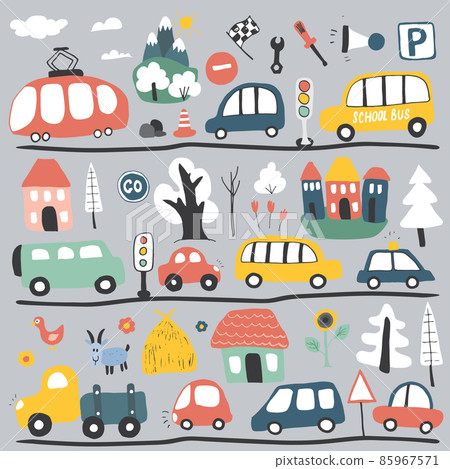 Cars Cartoon Set. Cute transport Doodles collection, vector illustration Cars Cartoon Set. Cute transport Doodles collection, vector illustration 85967571