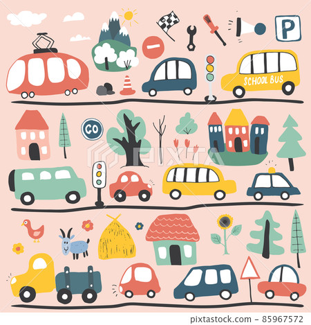 Cars Cartoon Set. Cute transport Doodles collection, vector illustration Cars Cartoon Set. Cute transport Doodles collection, vector illustration 85967572