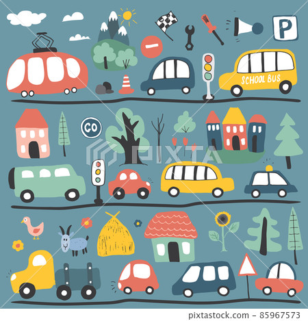 Cars Cartoon Set. Cute transport Doodles collection, vector illustration Cars Cartoon Set. Cute transport Doodles collection, vector illustration 85967573