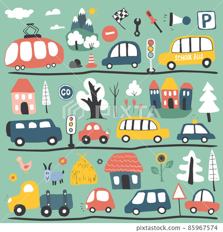 Cars Cartoon Set. Cute transport Doodles collection, vector illustration Cars Cartoon Set. Cute transport Doodles collection, vector illustration 85967574