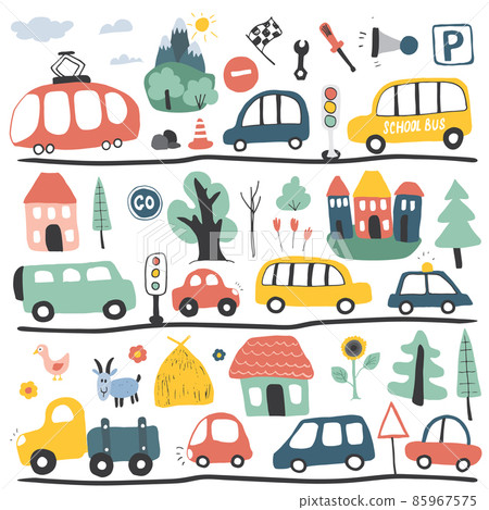 Cars Cartoon Set. Cute transport Doodles collection, vector illustration Cars Cartoon Set. Cute transport Doodles collection, vector illustration 85967575