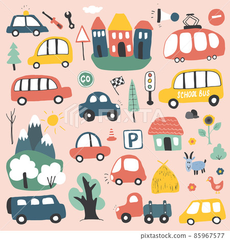 Cars Cartoon Set. Cute transport Doodles collection, vector illustration Cars Cartoon Set. Cute transport Doodles collection, vector illustration 85967577