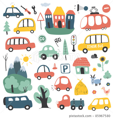 Cars Cartoon Set. Cute transport Doodles collection, vector illustration Cars Cartoon Set. Cute transport Doodles collection, vector illustration 85967580