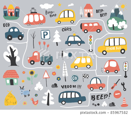 Cars Cartoon Set. Cute transport Doodles collection, vector illustration Cars Cartoon Set. Cute transport Doodles collection, vector illustration 85967582