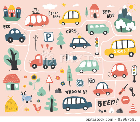 Cars Cartoon Set. Cute transport Doodles collection, vector illustration Cars Cartoon Set. Cute transport Doodles collection, vector illustration 85967583